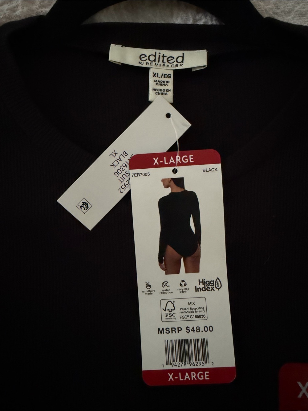 NEW Edited Black Bodysuit Long-Sleeve Ribbed Bodysuit Leotard size XL - Picture 2 of 7